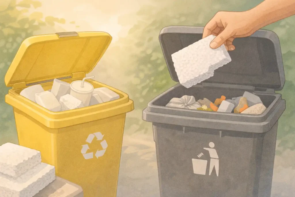 Semi-illustratives Querformat-Bild mit natürlicher Lichtstimmung: Zwei Mülltonnen stehen nebeneinander, eine gelbe Wertstofftonne und eine graue Restmülltonne. Eine Hand wirft ein Stück Styropor in die graue Tonne. Die Szene veranschaulicht anschaulich, wie Styropor entsorgen im Alltag korrekt umgesetzt wird.