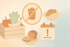 Pastellfarbene, minimalistische Illustration zu „Lebensmittelverschwendung in Deutschland“: Eine Holzkiste mit Obst und Gemüse, daneben Teller mit Brot und Nudeln, ein durchgestrichenes Mülleimer-Symbol sowie ein Kalender mit Warnsymbol. Das Motiv zeigt harmonisch und klar die Problematik von Lebensmittelabfällen und die Bedeutung bewusster Nutzung.