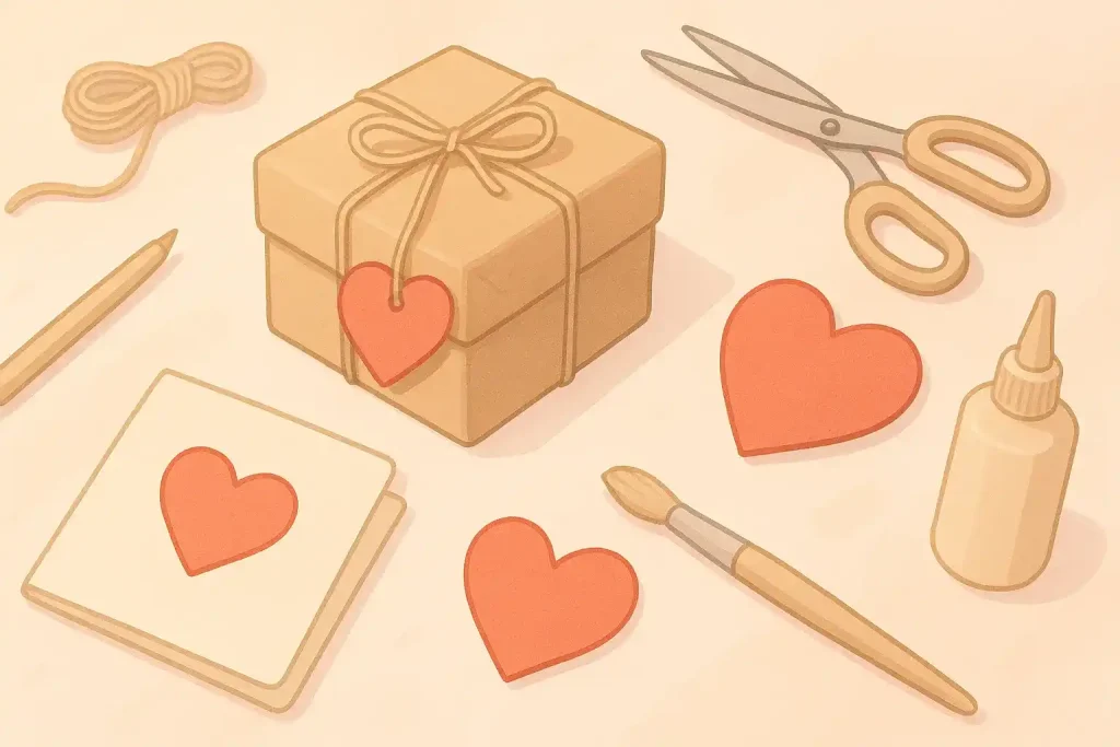 Stimmungsvolles, semi-illustratives Querformat-Bild in sanften Pastelltönen: Ein liebevoll verpacktes Geschenk aus Kraftpapier liegt im Mittelpunkt, umgeben von Bastelmaterialien wie Schere, Garn, Papierherzen, Karte und Pinsel. Die warme Lichtstimmung vermittelt Kreativität, Nähe und Persönlichkeit und steht sinnbildlich für Last Minute Geschenke, die schnell selbst gemacht und mit Herz gestaltet sind.