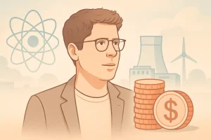 Pastellfarbene, minimalistische Illustration von Sam Altman vor Symbolen für Fusionsenergie und nachhaltige Technologie. Neben ihm stehen gestapelte Münzen als Hinweis auf „Sam Altman Vermögen“. Im Hintergrund sind ein Atomfusionssymbol, ein Reaktorgebäude und ein Windrad zu sehen, die seine Milliarden-Wette auf Fusionsenergie visualisieren.