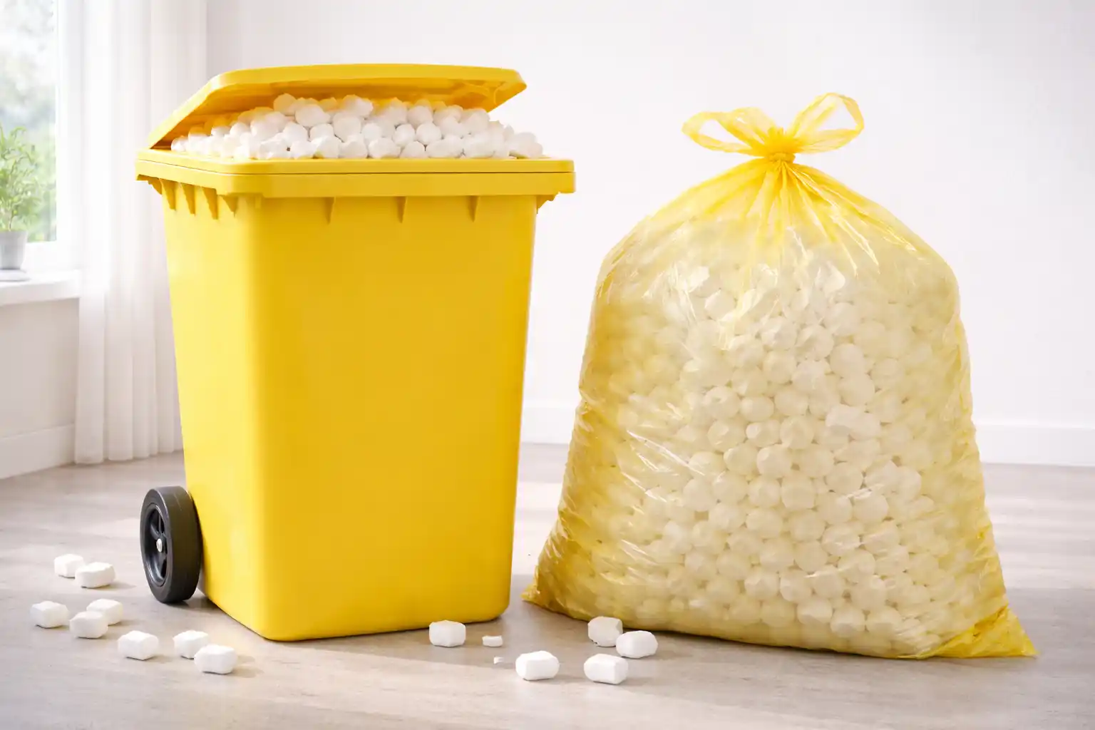 Eine gelbe Tonne und ein gelber Sack stehen nebeneinander; davor liegen weiße Styropor-Verpackungschips in einer hellen, aufgeräumten Umgebung.