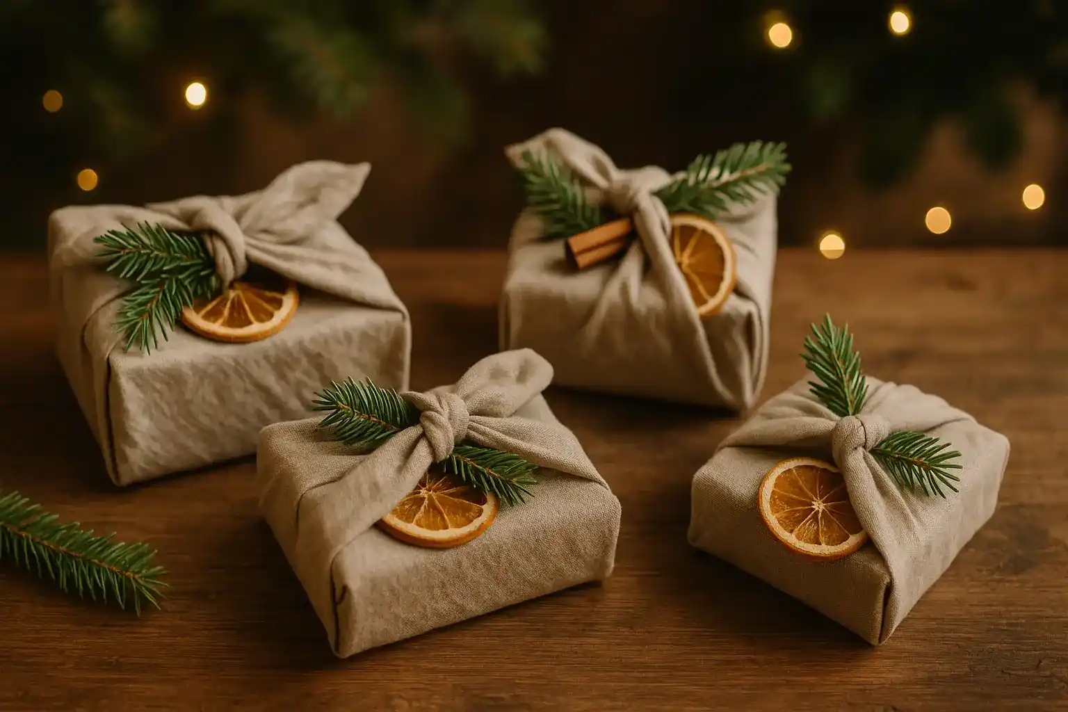 Furoshiki-verpackte Geschenke in naturfarbenem Stoff, dekoriert mit Tannenzweigen und getrockneten Orangenscheiben, arrangiert auf einer Holzoberfläche in warmem, weichem Licht mit stimmungsvoller, leicht unscharfer weihnachtlicher Umgebung im Querformat.