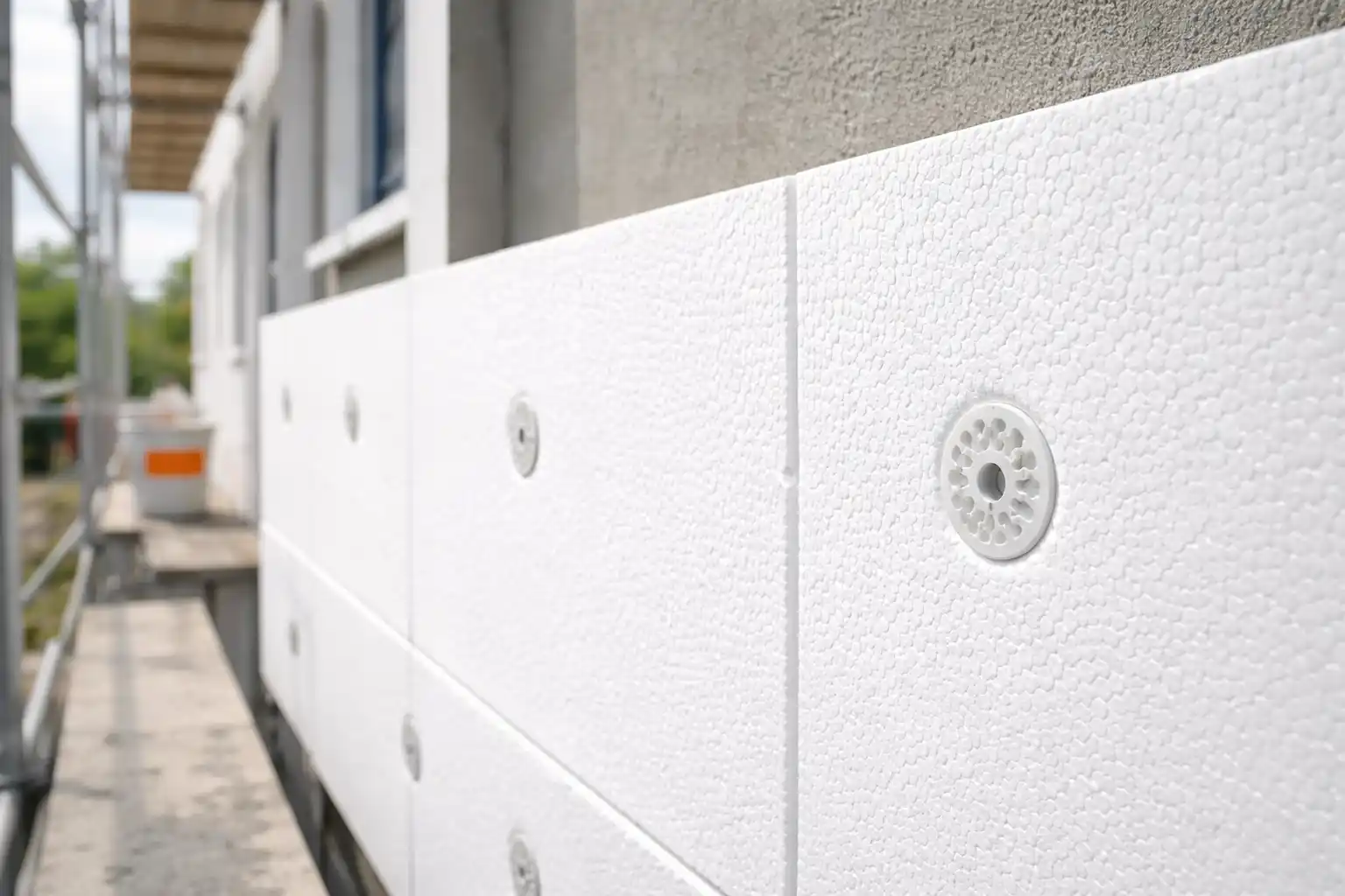 Nahaufnahme von hellen Styropor-Dämmplatten, die an einer Hausfassade angebracht sind; die Oberfläche ist ebenmäßig, im Hintergrund sind dezente Elemente einer Baustelle zu erkennen.