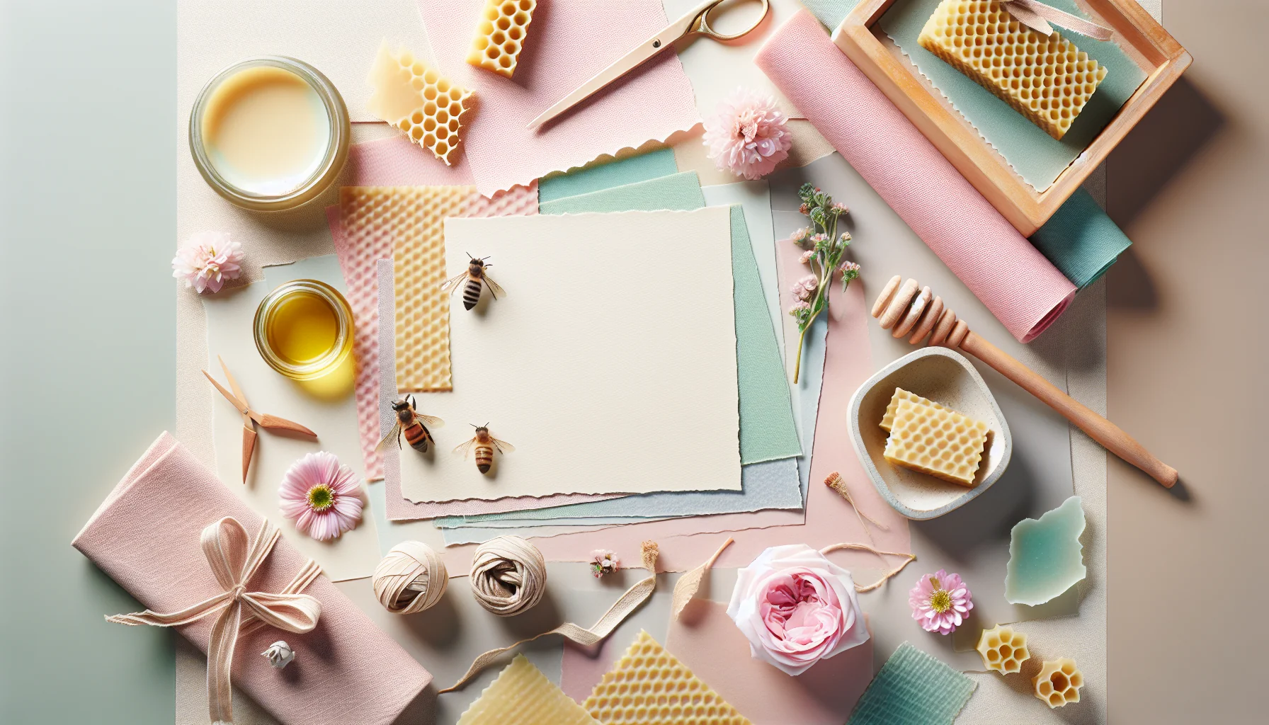 Auf dem Bild sind Materialien für die Herstellung von Bienenwachstüchern zu sehen. Es zeigt Wachsstücke, Blumen, Papier und Werkzeuge, die harmonisch angeordnet sind.