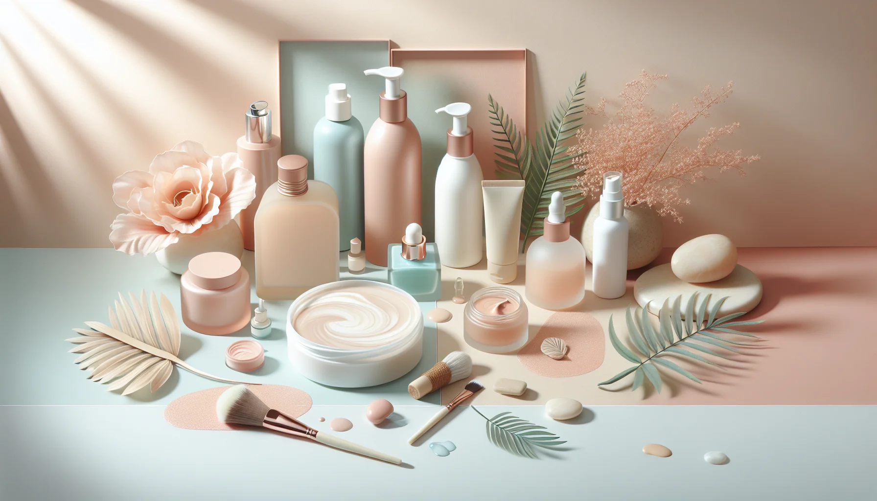 Das Bild zeigt eine ansprechende Anordnung von Naturkosmetikprodukten in sanften Pastellfarben. Verschiedene Flaschen, Tiegel und Pinsel sind harmonisch auf einem dekorativen Untergrund platziert.