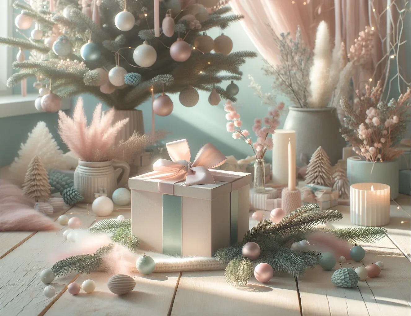 Das Bild zeigt ein festlich dekoriertes Zimmer mit einem Weihnachtsbaum, der mit bunten Kugeln geschmückt ist. Daneben sind nachhaltige Weihnachtsgeschenke.