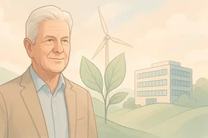 Semi-illustratives Querformat-Bild mit sanften Pastelltönen: Ein älterer Mann mit grauem Haar steht ruhig im Vordergrund, im Hintergrund verbinden sich moderne Architektur, Windkraft und grüne Natur zu einer harmonischen Szene. Das Motiv symbolisiert unternehmerischen Erfolg, Verantwortung und Nachhaltigkeit und passt thematisch zum Beitrag über Dietmar Hopp Vermögen.