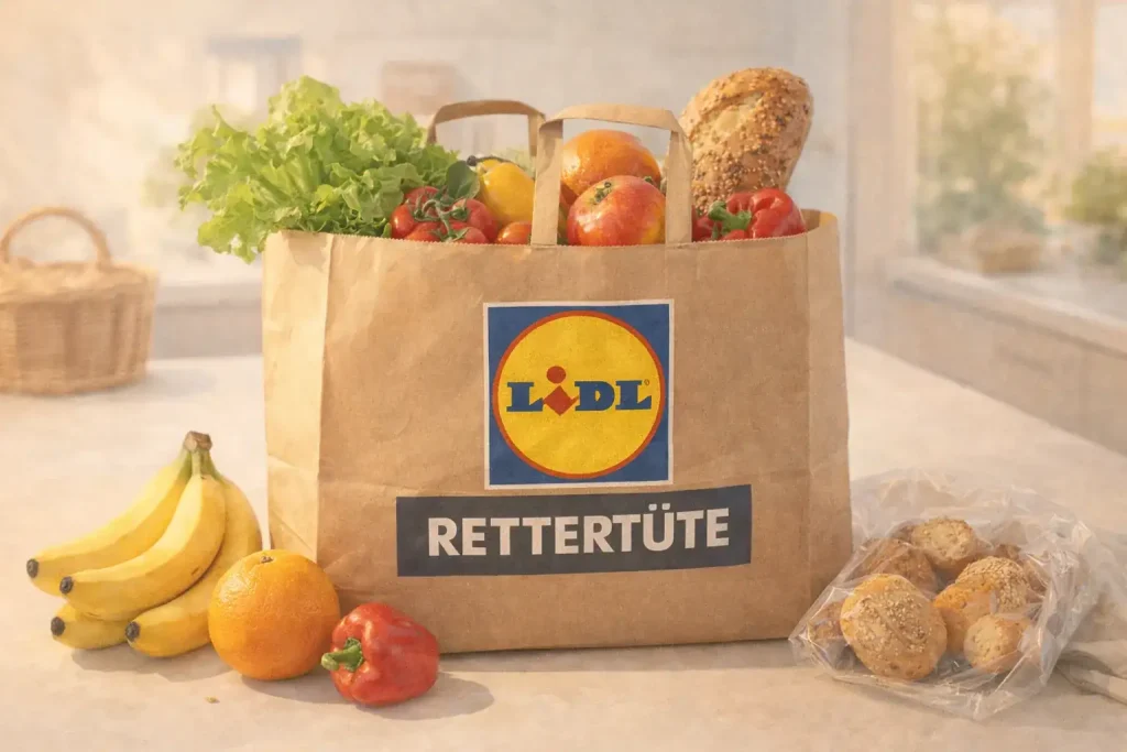 Helles, natürliches Food-Foto im Querformat: Eine gefüllte Lidl Rettertüte aus braunem Papier steht auf einer hellen Küchenoberfläche. Aus der Tüte ragen frisches Gemüse, Obst und Backwaren wie Salat, Tomaten, Brot und Äpfel. Das Bild vermittelt Nachhaltigkeit, Lebensmittelrettung und den Inhalt der Lidl Rettertüte auf einen Blick.