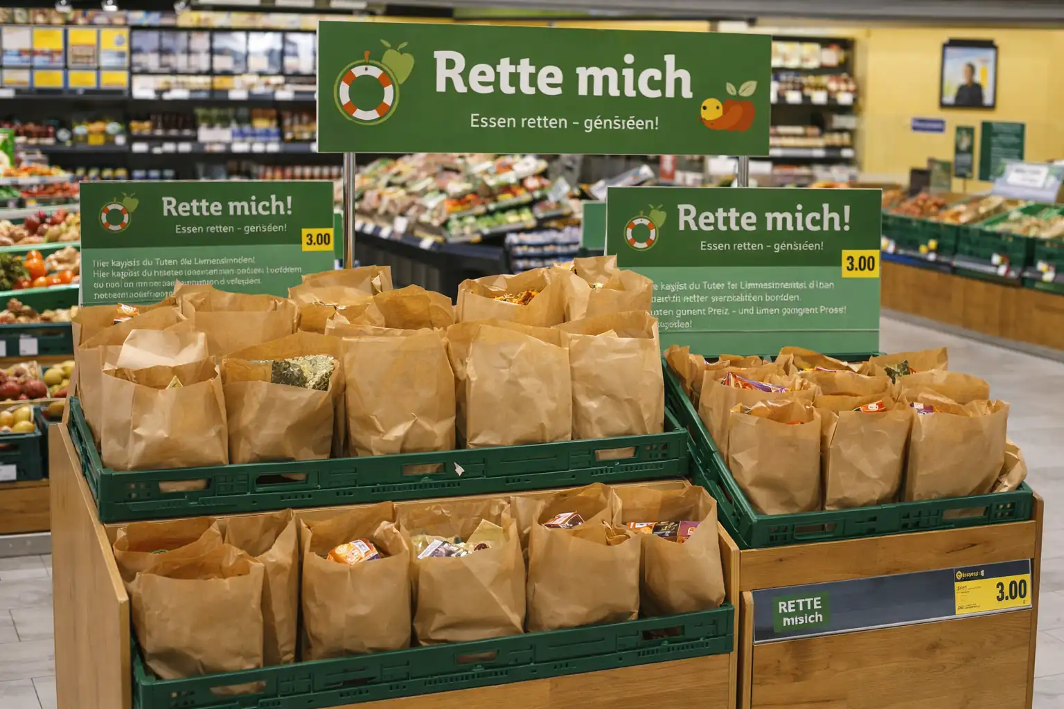 In einem Supermarkt stehen mehrere gefüllte Papiertüten in Kisten unter grünen Hinweisschildern, die einen Bereich zur Rettung von Lebensmitteln kennzeichnen.