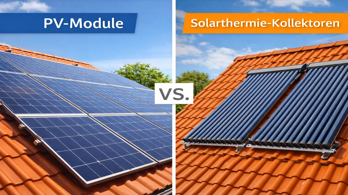 Geteilte Darstellung eines Hausdachs mit Solaranlagen: links flache Photovoltaikmodule, rechts röhrenförmige Solarthermie-Kollektoren; beide Seiten sind beschriftet und gegenübergestellt.