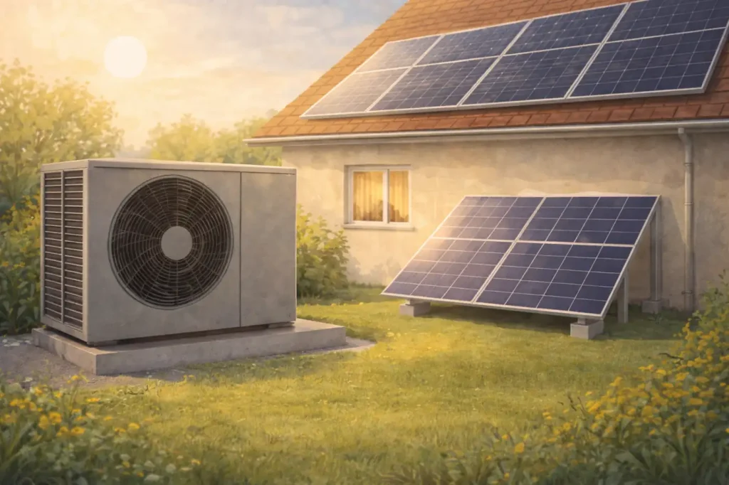 Helles, semi-illustratives Querformat-Bild eines Einfamilienhauses mit nachhaltiger Energietechnik: Im Garten steht eine moderne Außeneinheit, auf dem Dach und im Vorgarten sind Solarmodule installiert. Das Motiv zeigt die Kombination aus Wärmepumpe mit Solar in einer ruhigen, naturnahen Umgebung und verdeutlicht das Zusammenspiel beider Systeme.