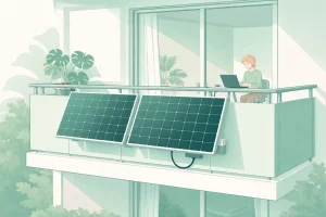 Balkonkraftwerk an modernem Balkongeländer montiert, pastellfarbene Mint- und Grüntöne, minimalistischer Stil, Person mit Laptop im Hintergrund, Balkonkraftwerk anmelden