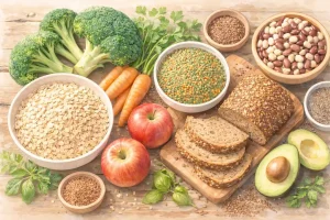 Illustrative Draufsicht auf ballaststoffreiche Lebensmittel wie Haferflocken, Linsen, Vollkornbrot, Brokkoli, Möhren, Äpfel und Leinsamen auf einem Holztisch