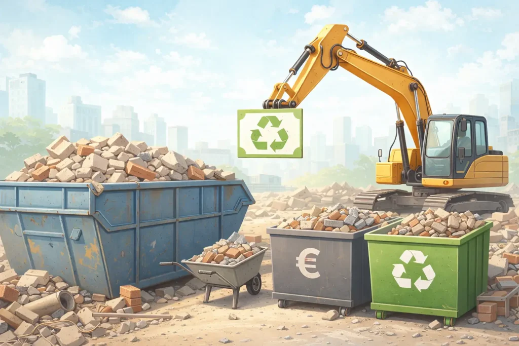 Bauschutt entsorgen auf einer Baustelle mit Containern, Recyclingbehältern und Bagger zur sortierten Wiederverwertung von Bauabfällen