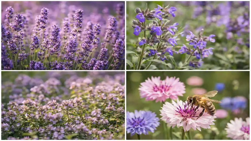 Collage bienenfreundlicher Pflanzen mit Lavendel, Salbei, Thymian und Kornblumen in sanften Pastelltönen, ergänzt durch eine Wildbiene auf einer Blüte im natürlichen Tageslicht.