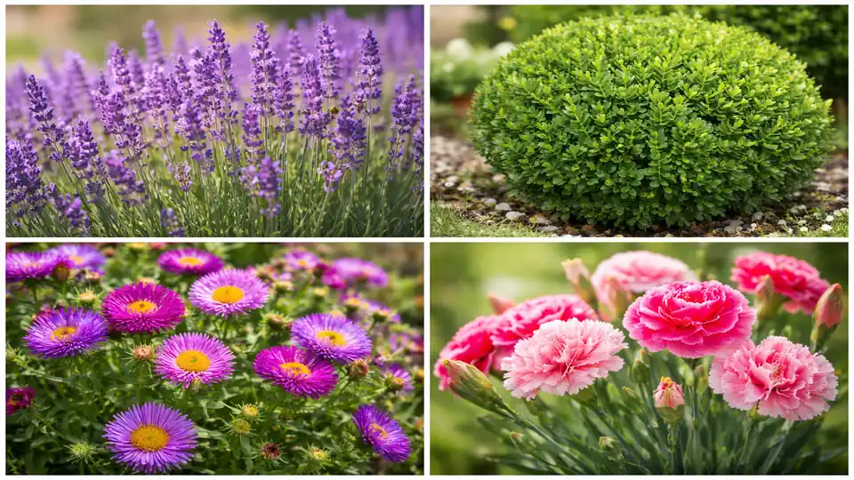 Collage aus Lavendel, Buchsbaum, Astern und Nelken, jeweils in Nahaufnahme mit typischen Blüten und Blattformen.