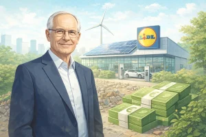Dieter Schwarz vor einem nachhaltigen Lidl-Markt mit Solaranlagen und E-Ladesäulen – Symbolbild für Dieter Schwarz Vermögen und grüne Investitionen