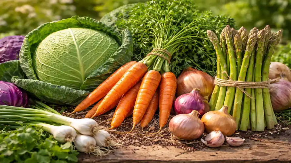 Arrangiertes Gemüse mit Kohl, Karotten, Zwiebeln und Spargel auf einer Holzfläche im natürlichen Tageslicht.