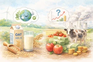 Illustrative Gegenüberstellung von Hafermilch und klassischer Milchproduktion mit Naturmotiven, Getreide, Kuh und Geldsymbolen – visuelle Einordnung zwischen Nachhaltigkeit und Marketing