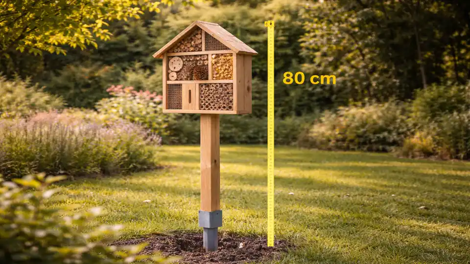 Seitliche Ansicht eines Insektenhotels im Garten, montiert auf Pfosten mit sichtbarer Einschlaghülse, daneben ein Maßband mit markierter Höhe von 80 cm, grüner Gartenhintergrund bei natürlichem Tageslicht.