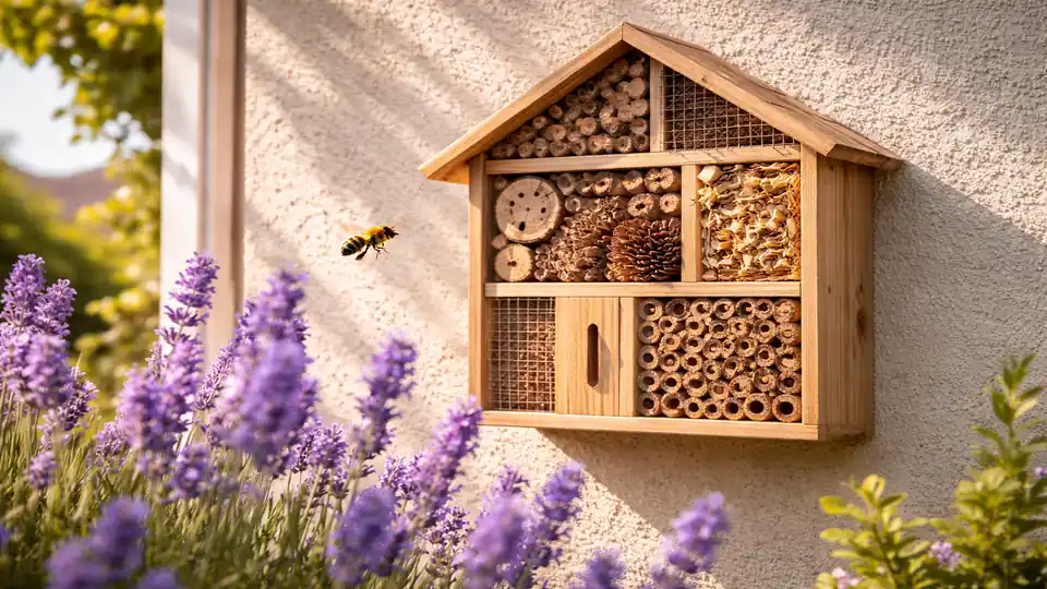 Holz-Insektenhotel an sonniger Hauswand mit südlicher Ausrichtung, blühender Lavendel im Vordergrund und einer Wildbiene im Anflug bei warmem natürlichen Tageslicht.