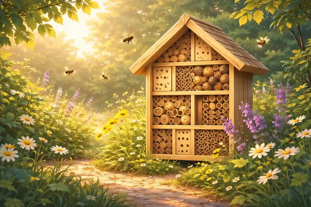 Insektenhotel Standort: Holz-Insektenhotel in sonniger, naturnaher Gartenumgebung mit Wildblumen und umgebender Vegetation als idealer Platz für Wildbienen.
