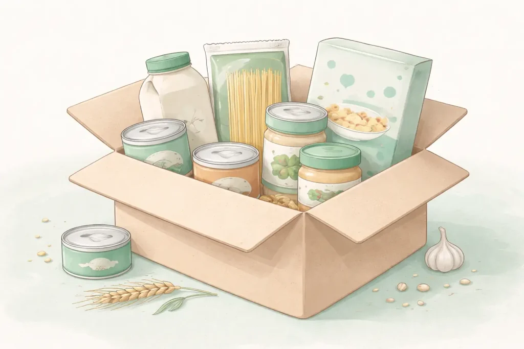 Pastellfarbene Illustration eines geöffneten Kartons mit haltbaren Lebensmitteln wie Dosen, Nudeln und Cerealien in mintgrüner und beiger Farbgebung – Motatos Erfahrung mit geretteten Lebensmitteln im minimalistischen Stil.