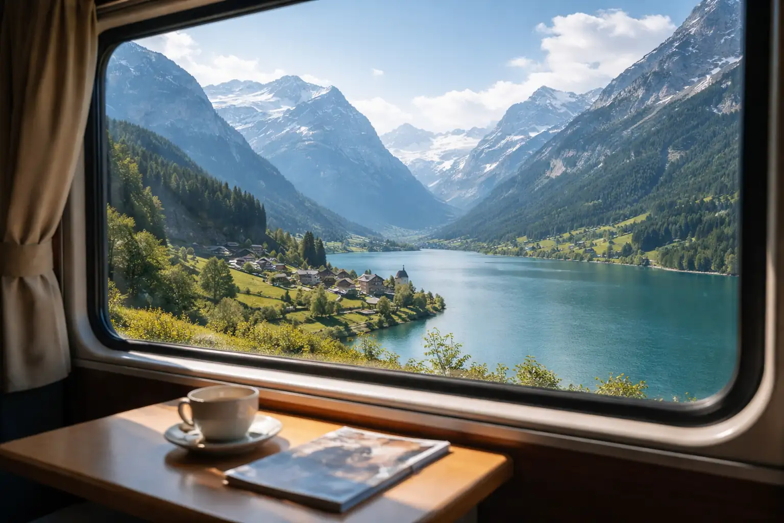 Panoramablick aus einem Zugfenster auf eine alpine Berglandschaft mit türkisfarbenem See, kleinen Dörfern und schneebedeckten Gipfeln im weichen natürlichen Tageslicht.