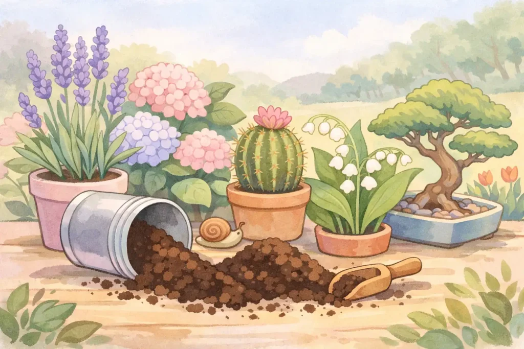 Illustrative Darstellung von Gartenpflanzen in Pastelltönen, die keinen Kaffeesatz vertragen – Welche Pflanzen mögen keinen Kaffeesatz und sollten damit nicht gedüngt werden.