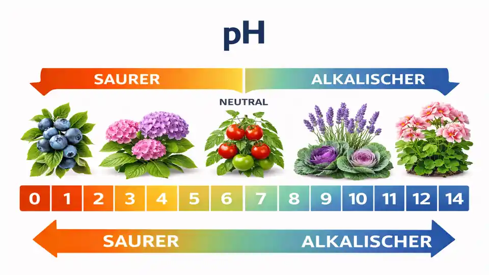 Infografik einer pH-Skala von 0 bis 14 mit Markierungen für saure, neutrale und alkalische Bereiche, ergänzt durch Pflanzen, die an ihren jeweils idealen pH-Werten positioniert sind.