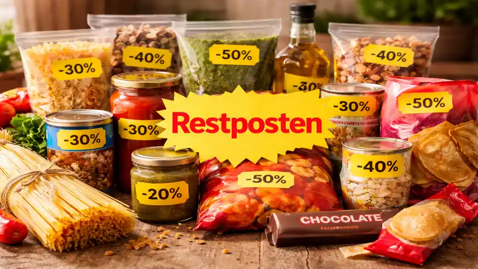 Auswahl an Restposten-Produkten wie Nudeln, Saucen und Snacks, übersichtlich arrangiert auf einem Tisch.