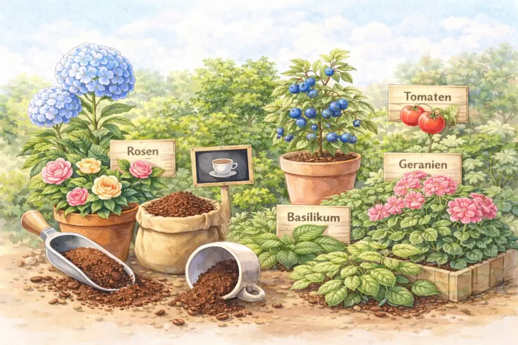 Illustrative Gartenszene mit blühenden Zierpflanzen, Kräutern und Beerensträuchern, die zeigt, welche Pflanzen mögen Kaffeesatz als natürlichen Dünger