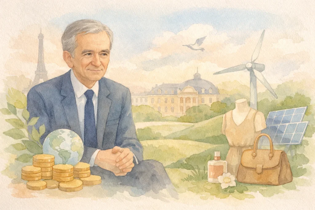 Illustration zum Thema Bernard Arnault Vermögen: eleganter Geschäftsmann vor Pariser Kulisse mit Münzen, Globus, Luxusgütern und Symbolen für Nachhaltigkeit wie Windrad und Solarpanel.