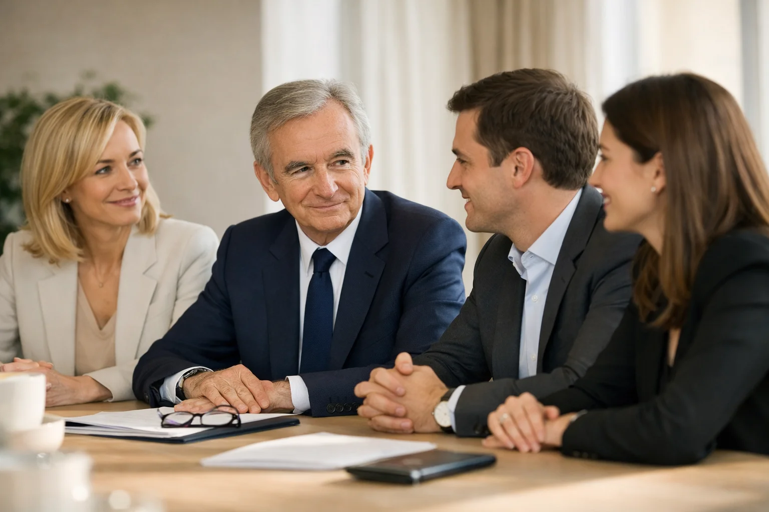 Bernard Arnault Vermögen im Fokus: Der Unternehmer im Gespräch mit Geschäftspartnern bei einem Meeting, Sinnbild für strategische Entscheidungen und den Ausbau seines Luxusimperiums.