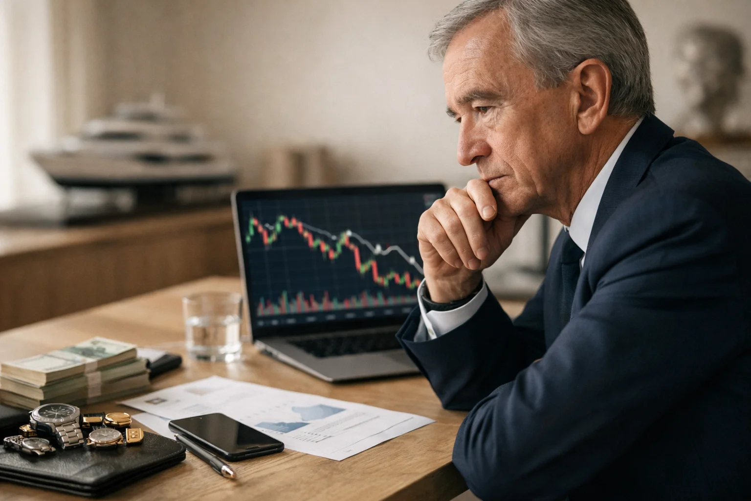 Bernard Arnault Vermögen und Investments: Der Milliardär analysiert Finanzcharts am Laptop, neben Bargeld und Luxusuhren – Darstellung seiner Rolle als einer der reichsten Unternehmer Europas.