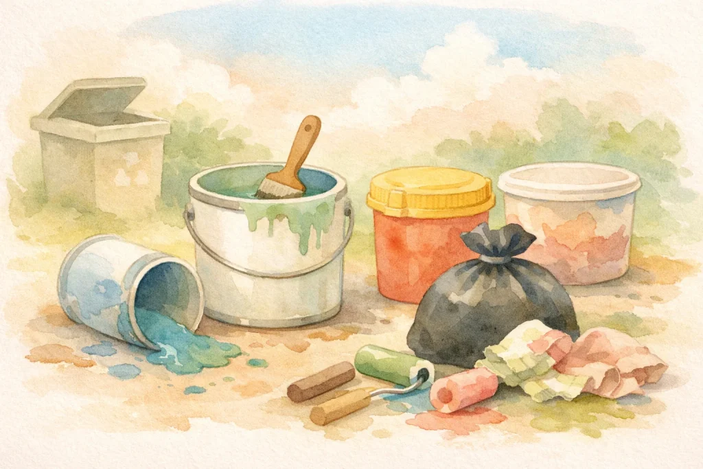 Illustration zum Thema Farbeimer Farbe entsorgen richtig: Farbeimer, Pinsel und verschüttete Farbe neben Müllsack und Abfallbehälter – Hinweis auf umweltgerechte Entsorgung von Malerabfällen.