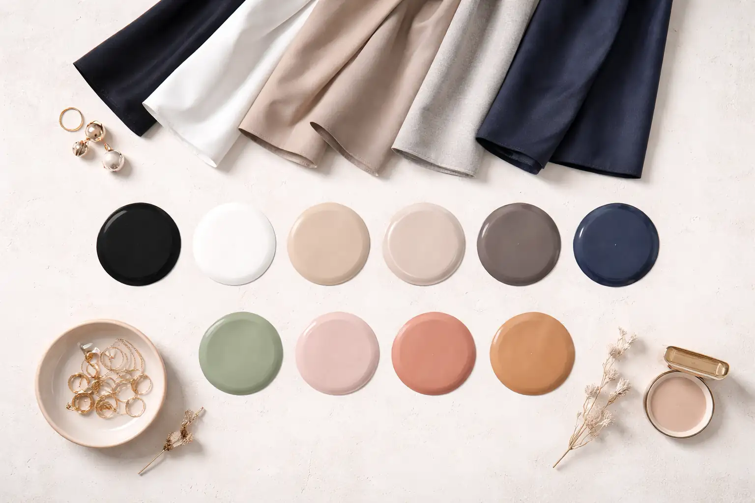 Farbpalette mit neutralen Tönen in Schwarz, Weiß, Beige und Navy, ergänzt durch dezente Akzentfarben, stilvoll als Illustration auf hellem Hintergrund dargestellt.