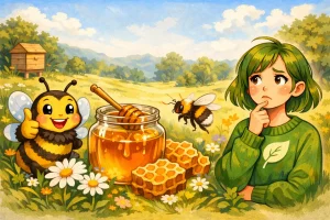 Illustrative Szene mit Honigglas, Bienen und nachdenklicher Person auf einer Blumenwiese – visuelle Darstellung zur Frage „Ist Honig vegan“ im freundlichen Cartoon-Stil.