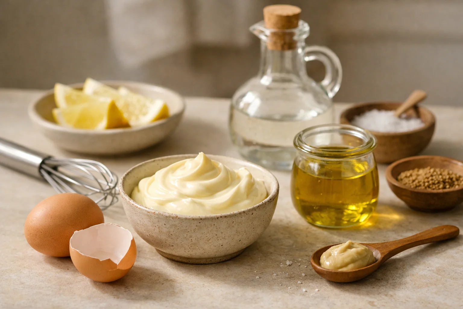 Hausgemachte Mayonnaise in einer Schüssel mit frischen Zutaten wie Ei, Zitronenscheiben, Olivenöl, Essig, Salz und Senf auf heller Küchenarbeitsfläche