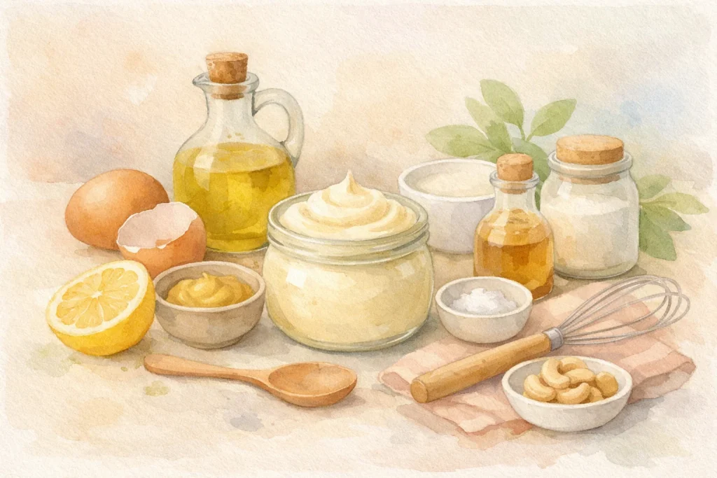 Mayonnaise selber machen – cremige Mayo im Glas mit Zutaten