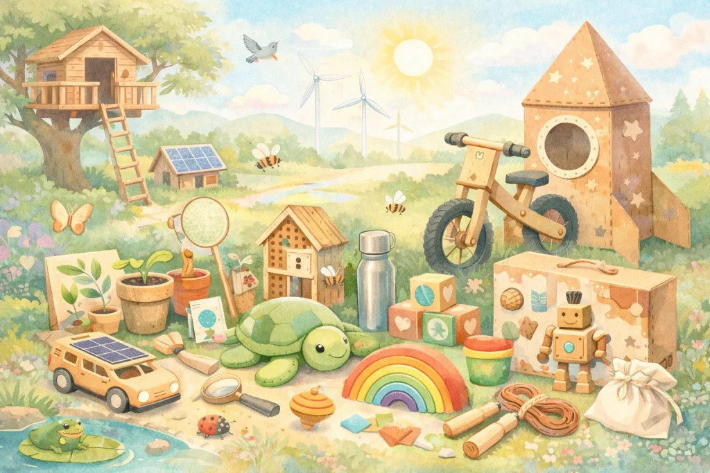 Illustratives Querformat-Bild in sanften Pastellfarben mit nachhaltigen Holzspielzeugen, Naturmotiven und umweltfreundlichen Ideen – Nachhaltige Geschenke für Kinder in künstlerischem Aquarellstil.