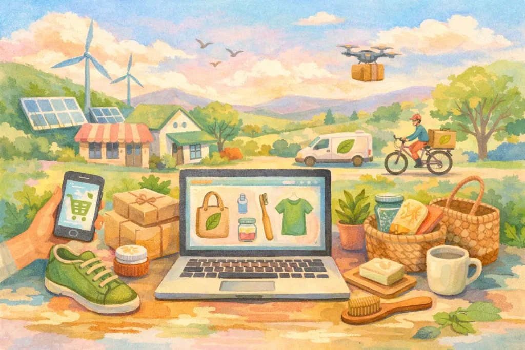 Malerische Illustration in Pastelltönen: Laptop und nachhaltige Produkte vor Naturkulisse – die besten nachhaltigen online shops 2026 entdecken.