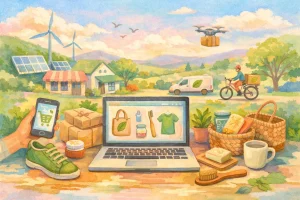 Malerische Illustration in Pastelltönen: Laptop und nachhaltige Produkte vor Naturkulisse – die besten nachhaltigen online shops 2026 entdecken.
